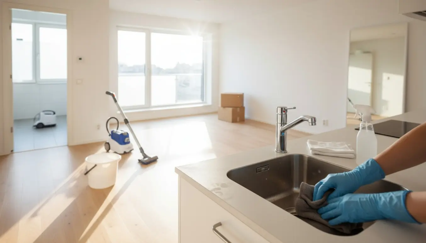 Professionel rengøring af en fraflyttet lejlighed med glinsende køkkenvask og rengøringsudstyr i sollys.