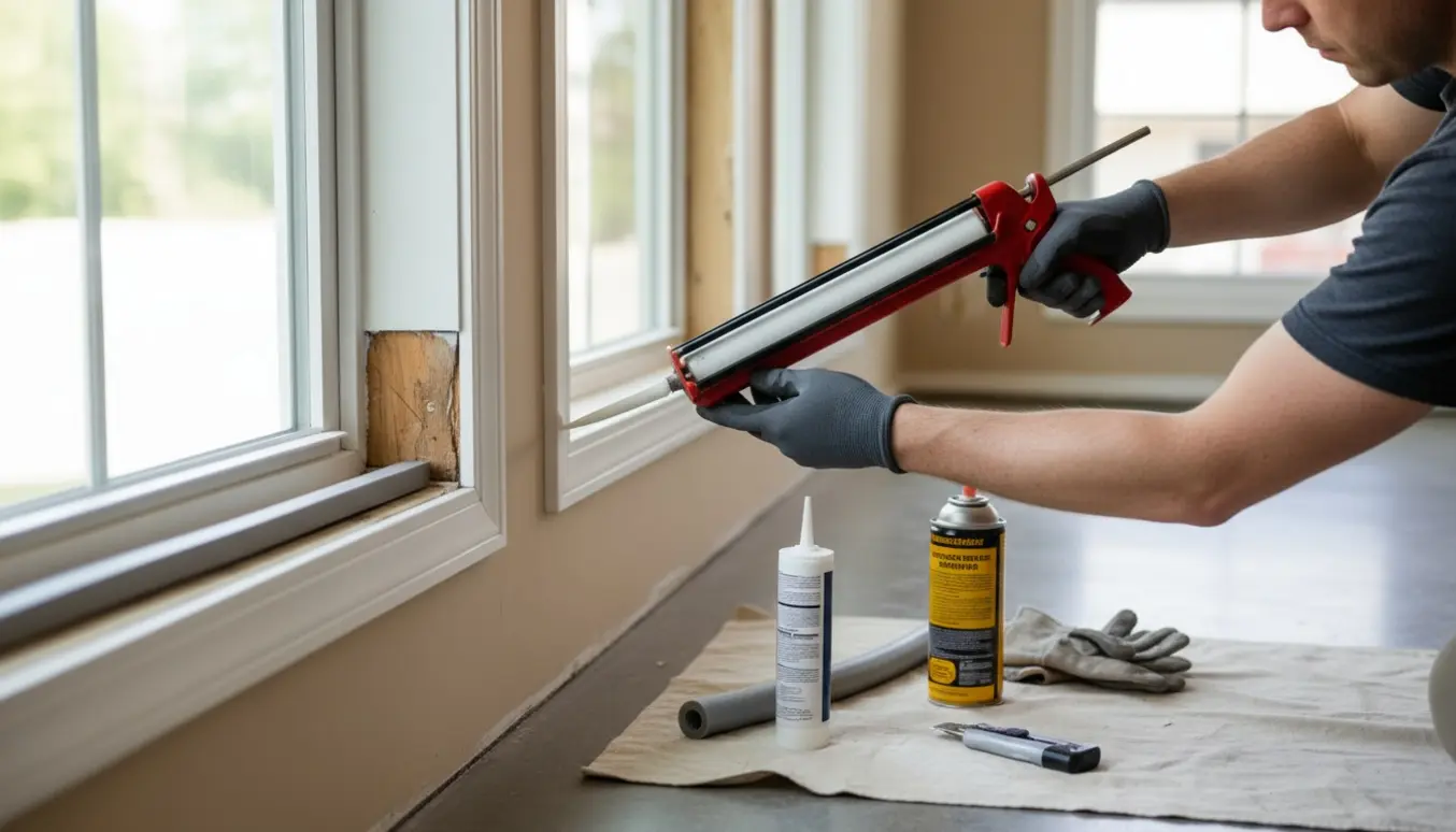 Hænder med fugepistol tæt på et vinduesfuge med bagstop og isoleringsmaterialer i en lys stue.