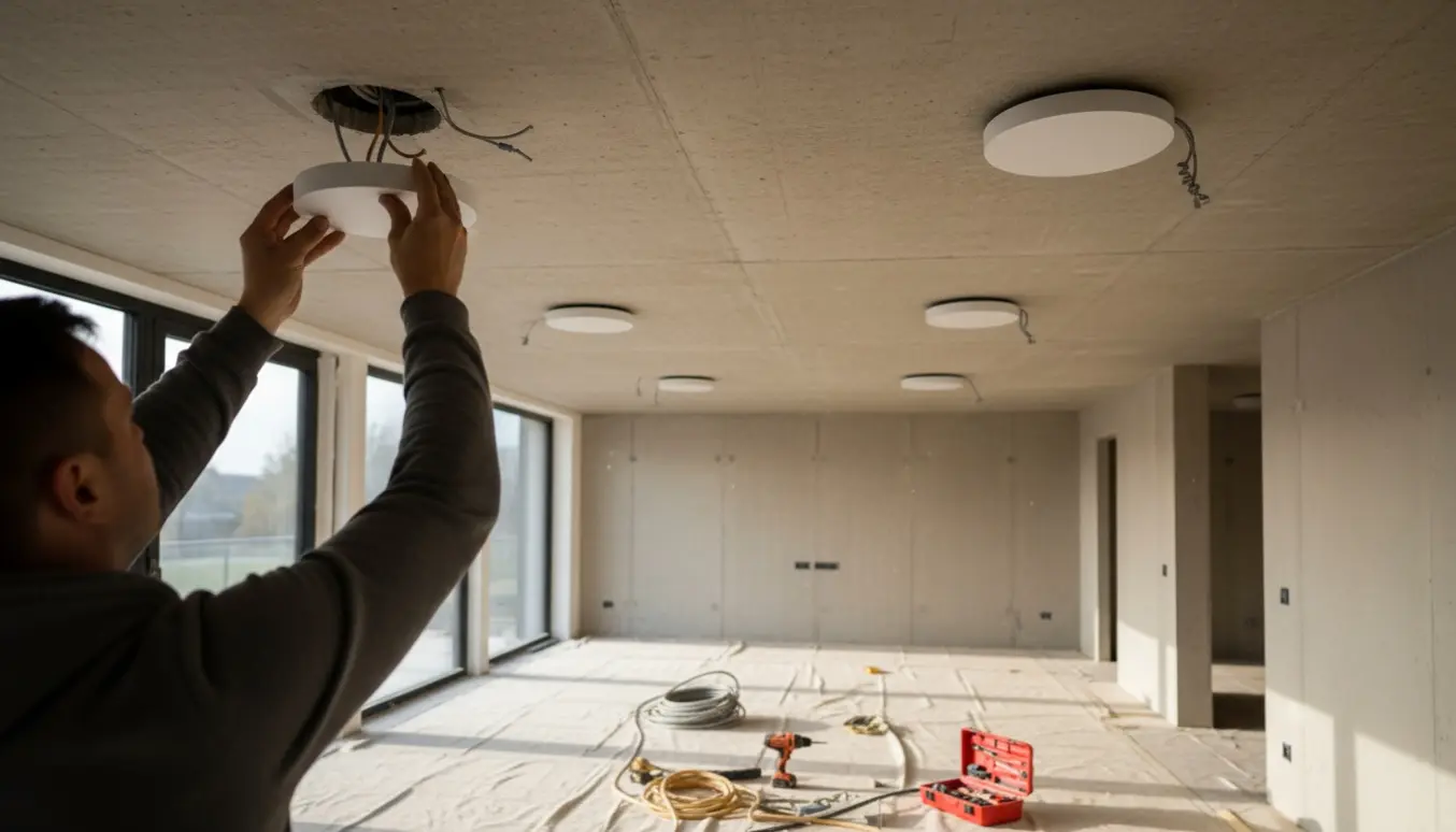 Elektriker monterer fem enkle loftslamper i et råt betonloft i en ny bolig.