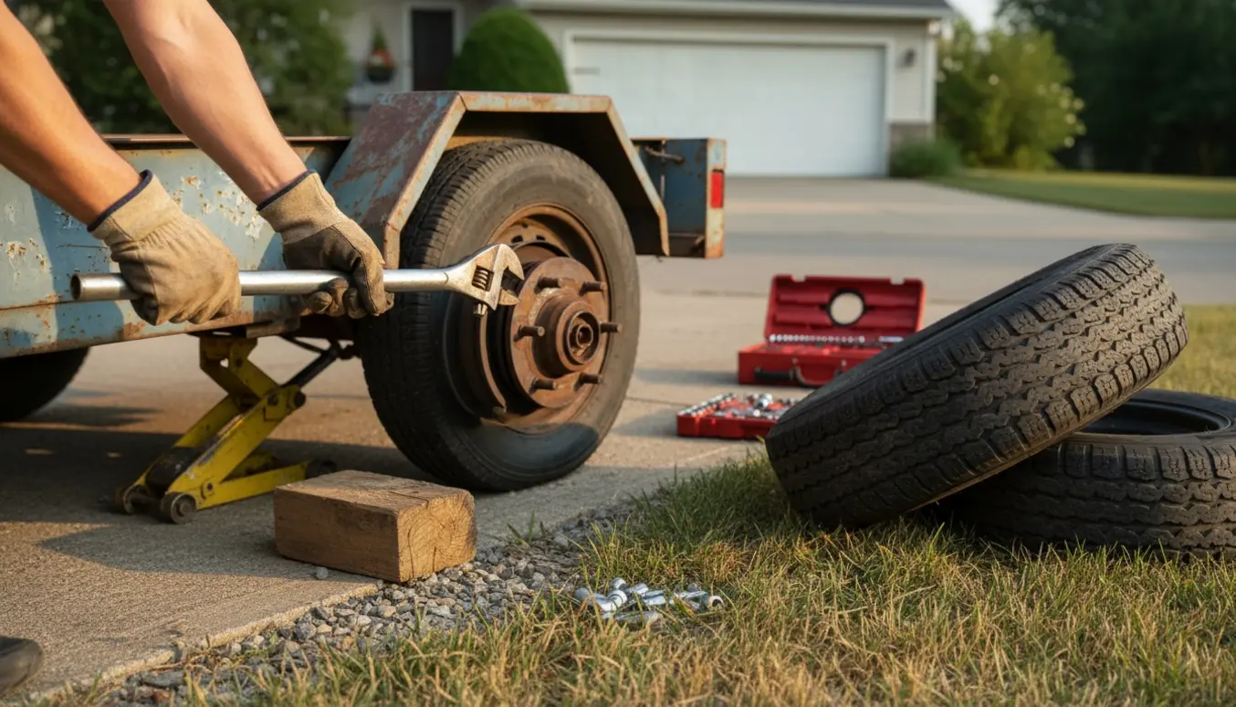 Nærbillede af en lille trailer med et aftaget hjul og håndværktøj liggende uden det rigtige specialværktøj.