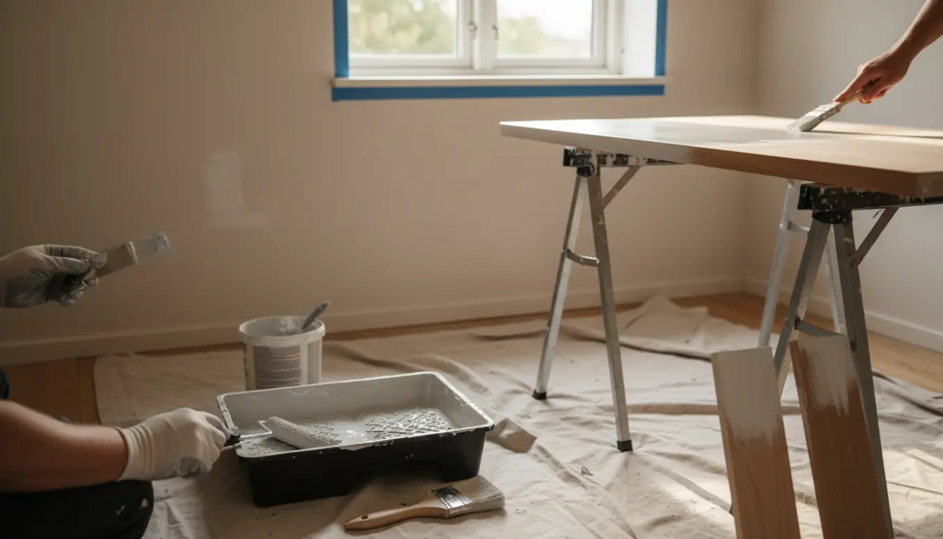 Soveværelse under spartling og maling med værktøj, malertape og en halvmalet dør på bukke.