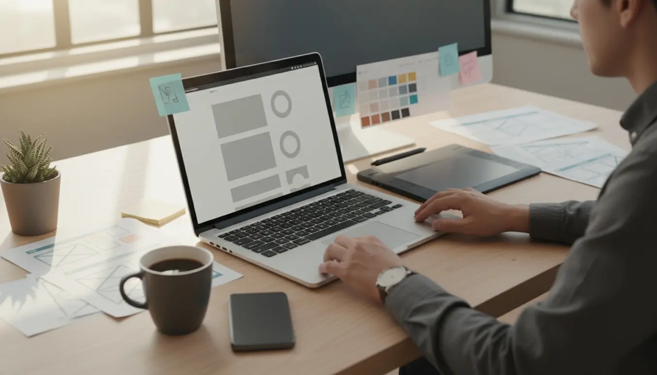 Moderne skrivebord med bærbar, tablet og skitser, hvor hænder arbejder på design af en ny hjemmeside i blødt naturligt lys.