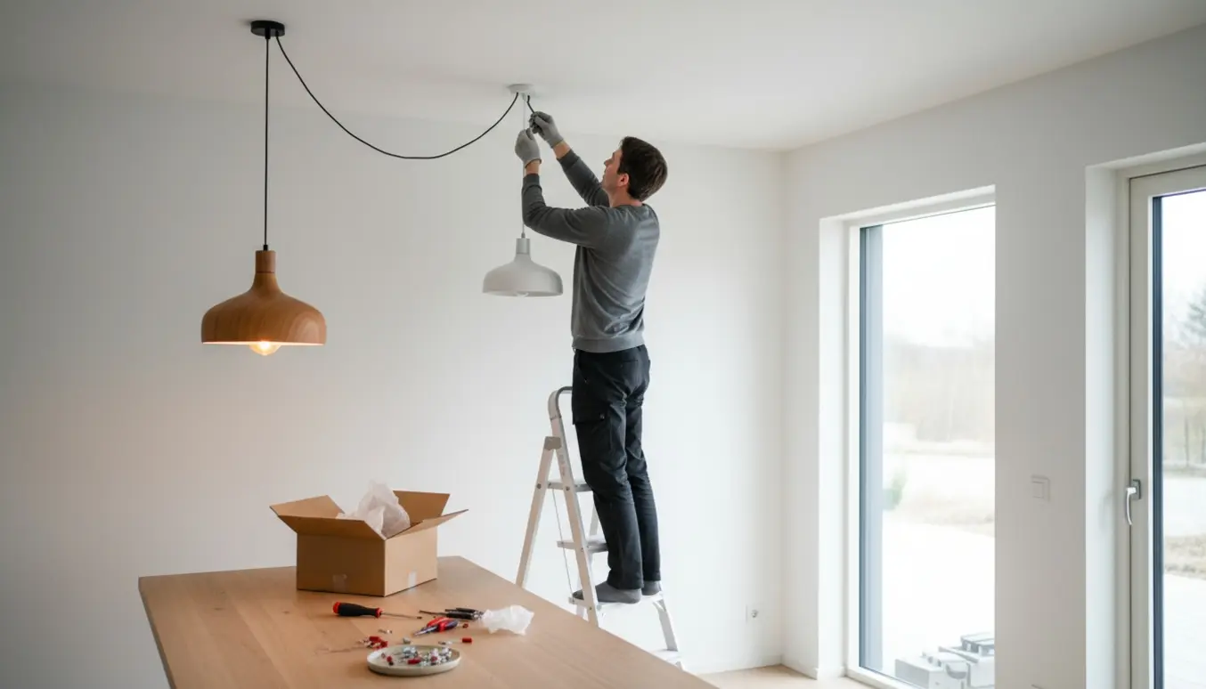 Hånd installerer to nye loftlamper over et spisebord, én i træ-accent og én enkel hvid pendel.