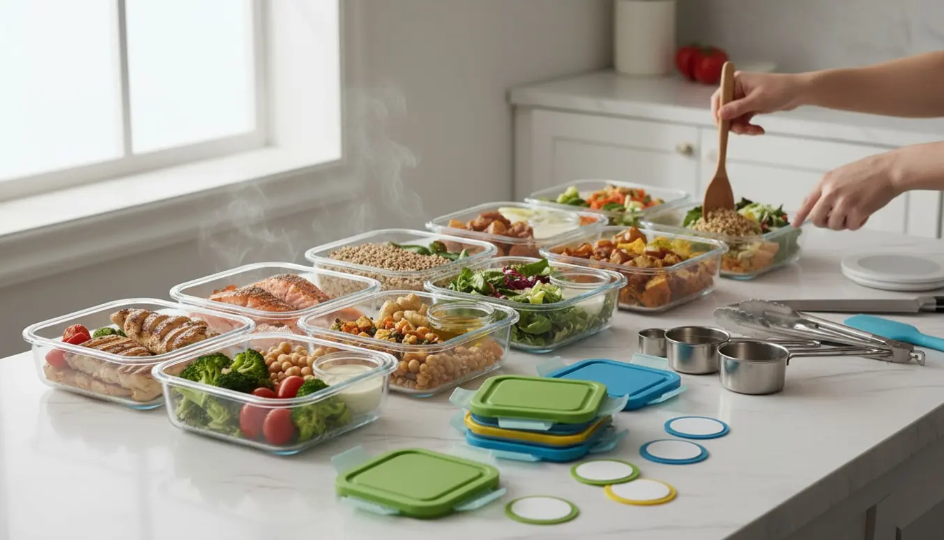 Hænder portionerer ugens måltider i gennemsigtige beholdere på et lyst køkkenbord med farverige ingredienser.