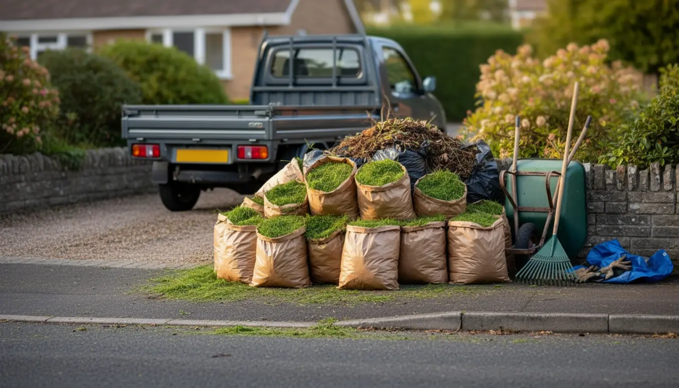 Cirka 30 poser haveaffald, primært græs, stablet ved indkørslen klar til afhentning.