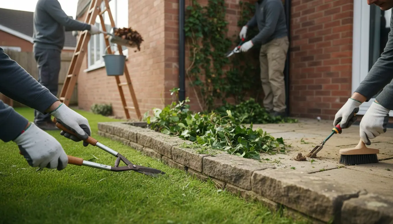 Nærbillede af kantklipning ved stensætning, beskæring af efeu, tømning af tagrende fra en stige og fjernelse af ukrudt mellem fliser.