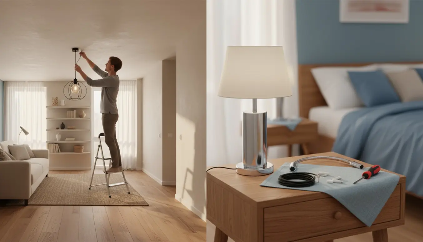 En person monterer en loftslampe i stuen, mens en sengelampe på natbordet i soveværelset mangler svanehals klar til montering.