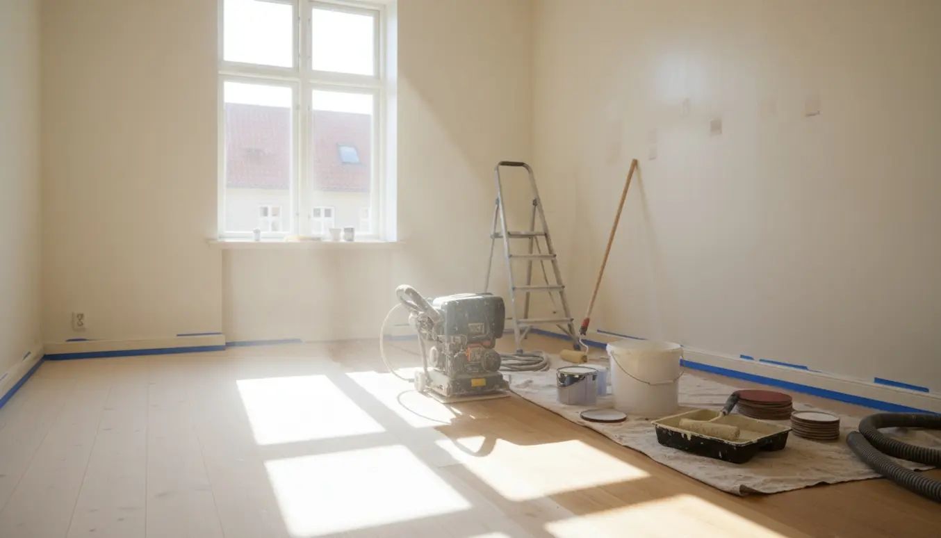 Partielt slebet egetræsgulv og nymalet væg i en lille københavnsk etværelses lejlighed under renovering.