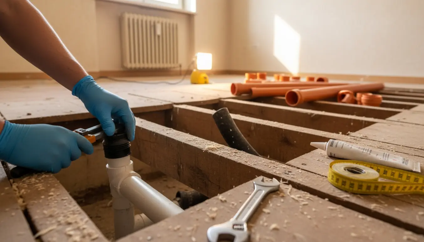 Ny kloakinstallation i en ældre villa med håndværkerhænders montering af PVC-rør under gulvbrædder.