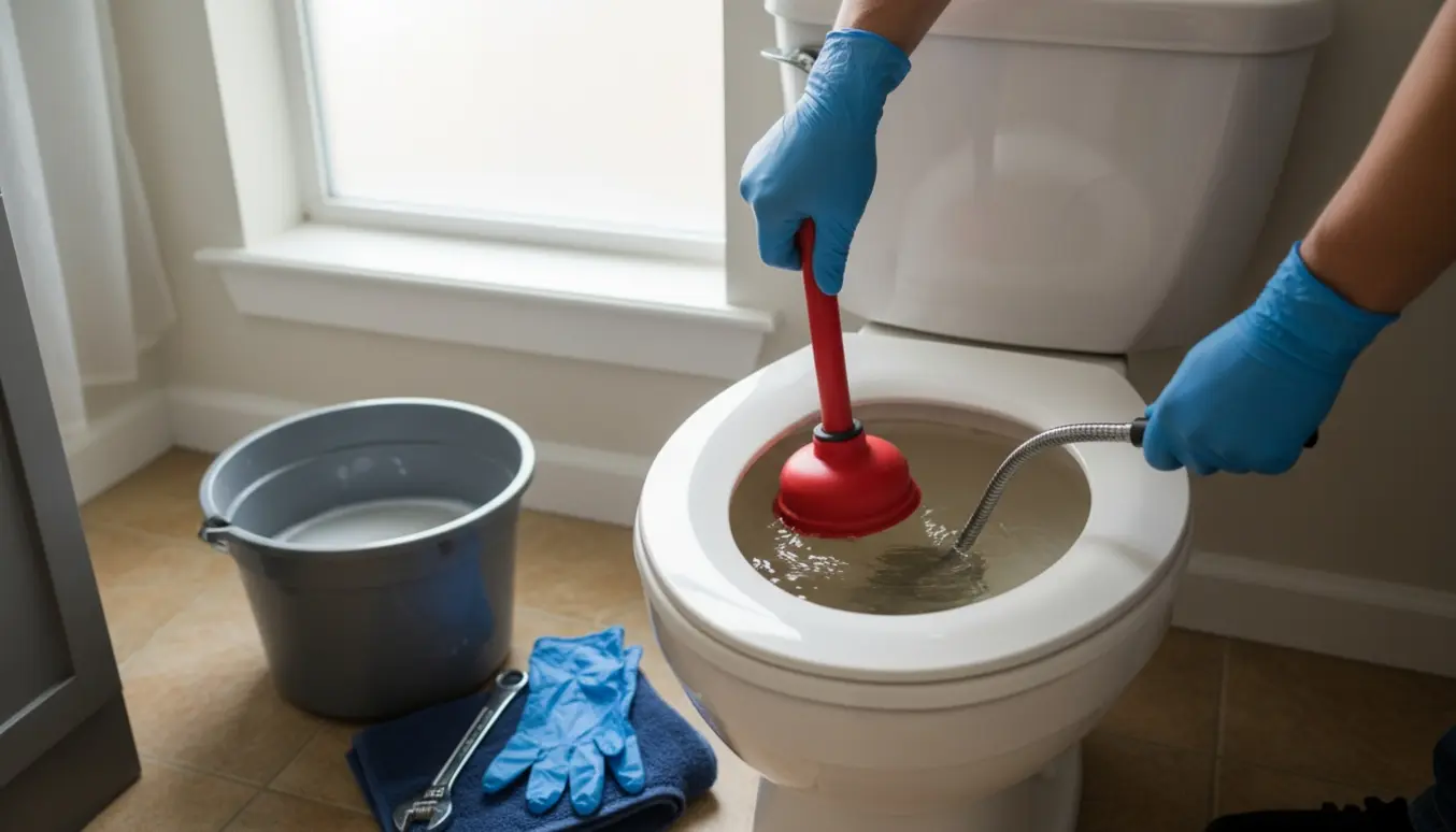 Hænder i gummihandsker bruger en sugekop og en afløbsfjeder i et toilet med forhøjet vandstand.