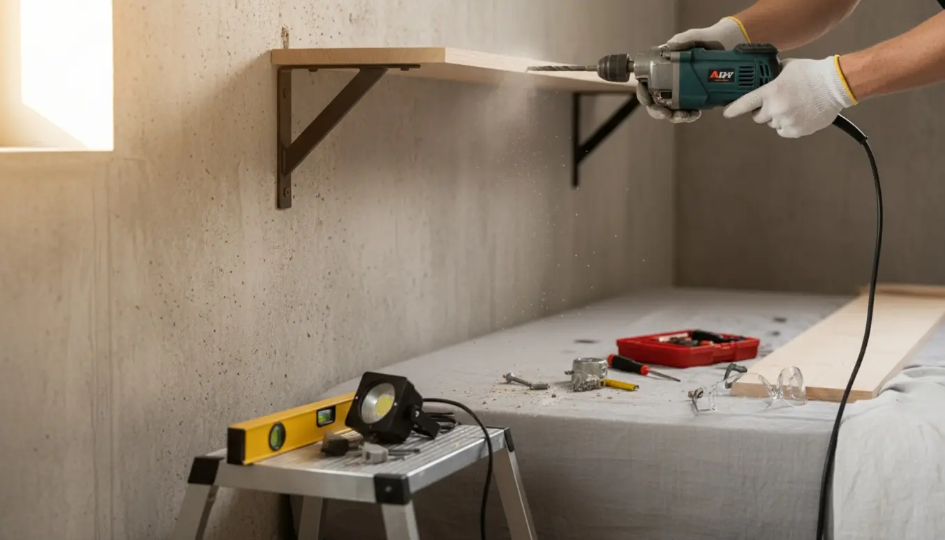 Nærbillede af hænder, der borer i en betonvæg over en seng for at montere en hylde og lampe, med værktøj og støv i sollys.