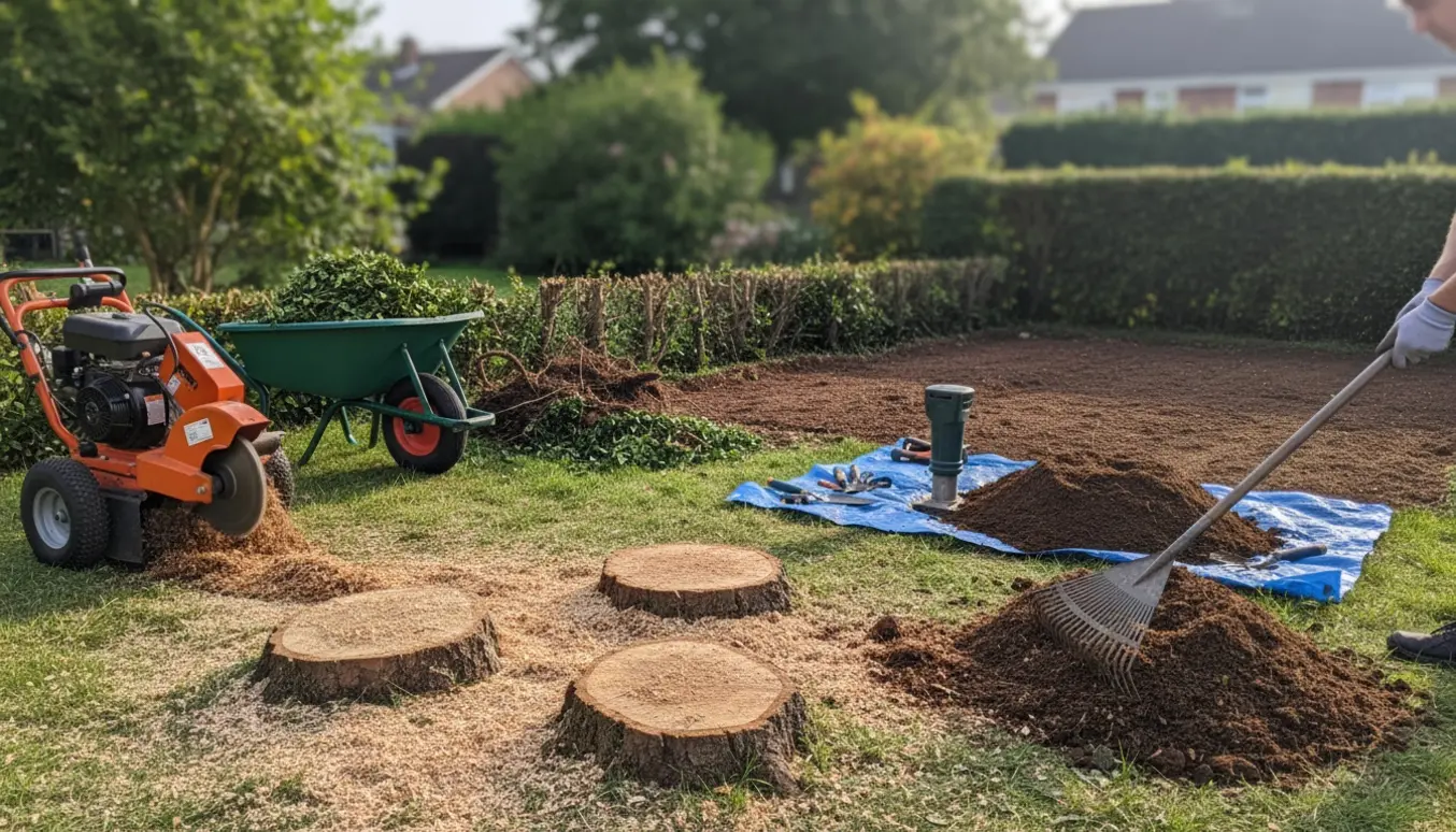 Nyryddet have med fræste stubbe, afkortet ligusterhæk og udjævnet urtebed.