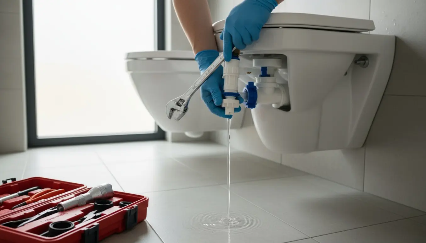 Åbent vægophængt toilet med håndværkerhænders værktøj til justering af fyldventil.