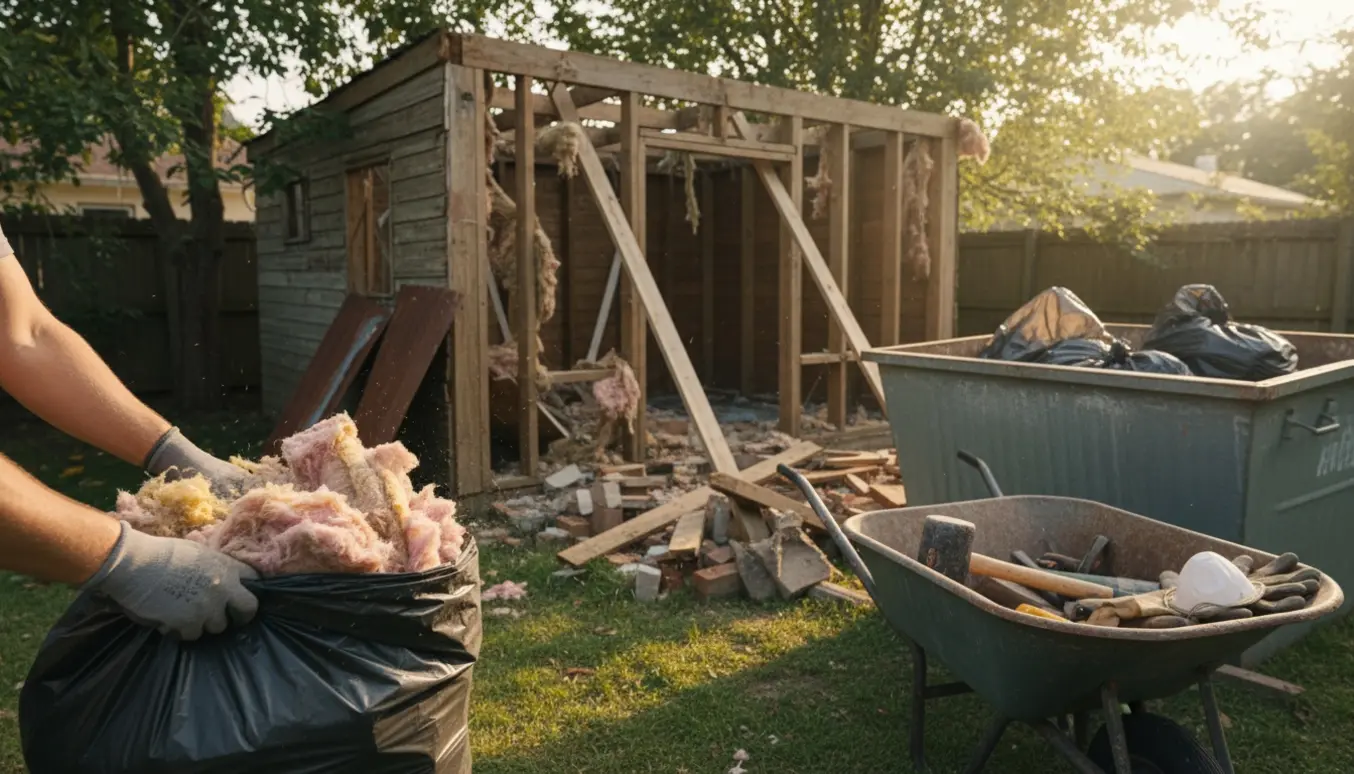 Delvist nedrevet skur i baghave mens handsker pakker isolering i en affaldssæk foran en skraldecontainer.