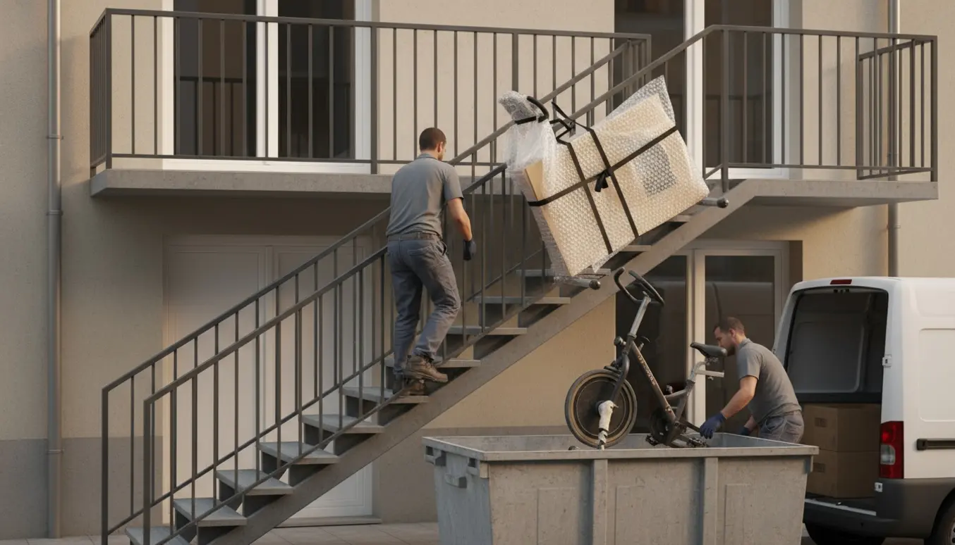 Flyttemænd bærer en ca. 30 kg kondicykel op ad en udvendig trappe, mens en gammel cykel sænkes ned til en container.