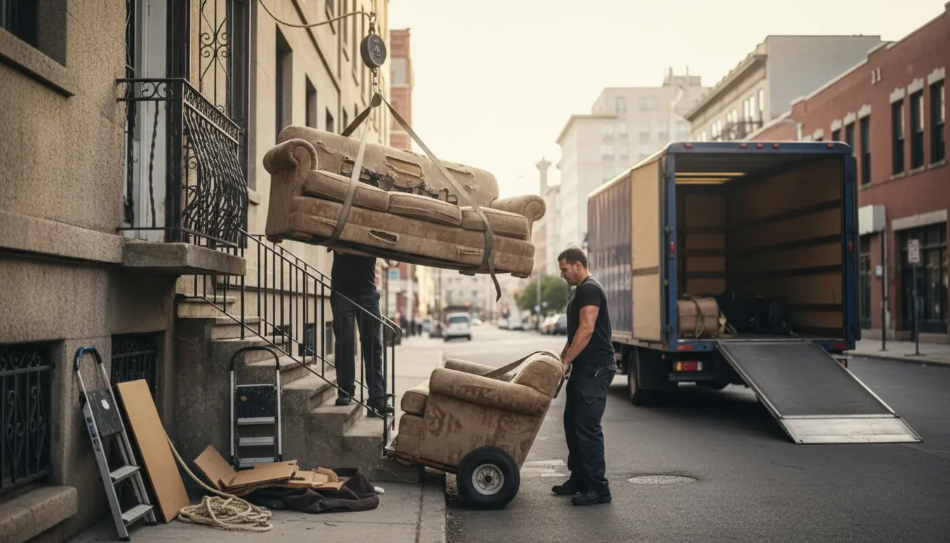 To beskadigede sofaer bæres ned fra anden sal og over gaden med flytteudstyr.