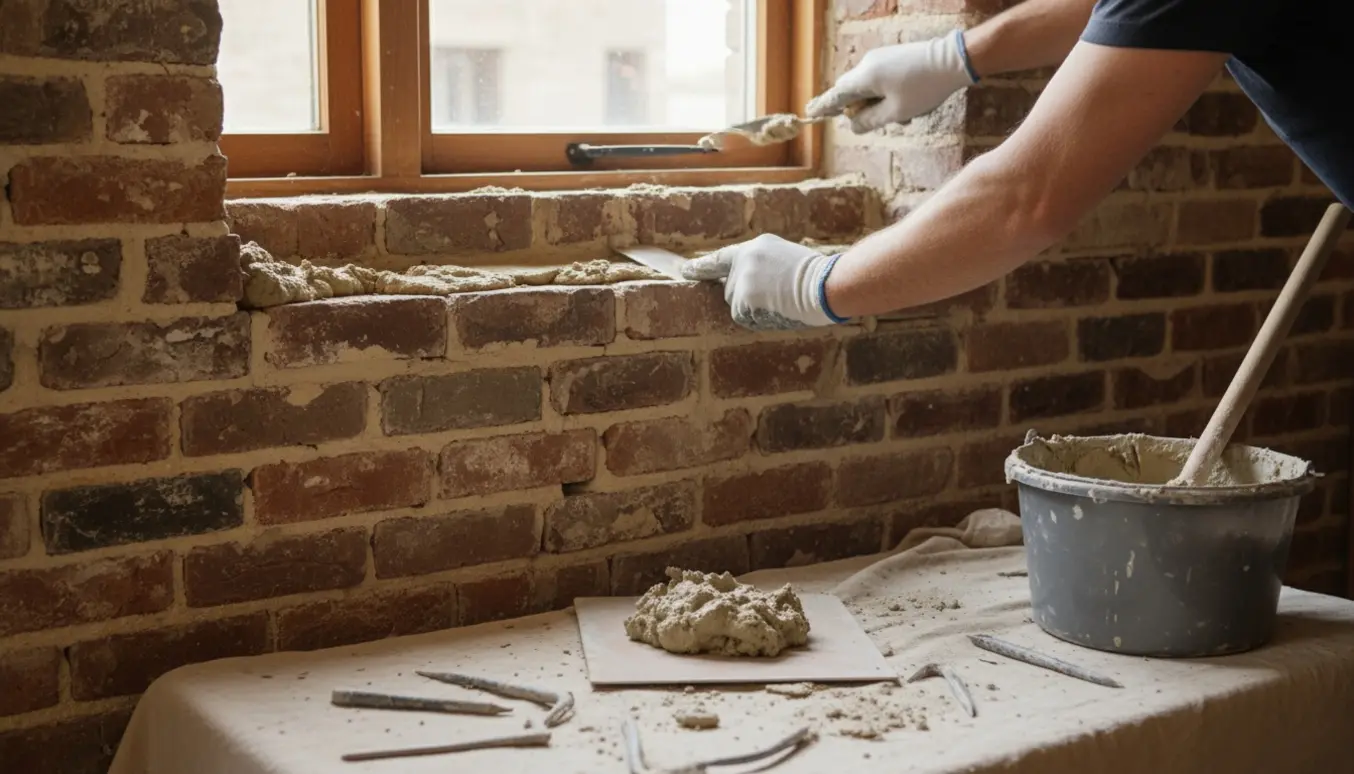 Nærbillede af indendørs murværk, hvor fuger udfræses og fuges med kh-mørtel omkring et vindue.