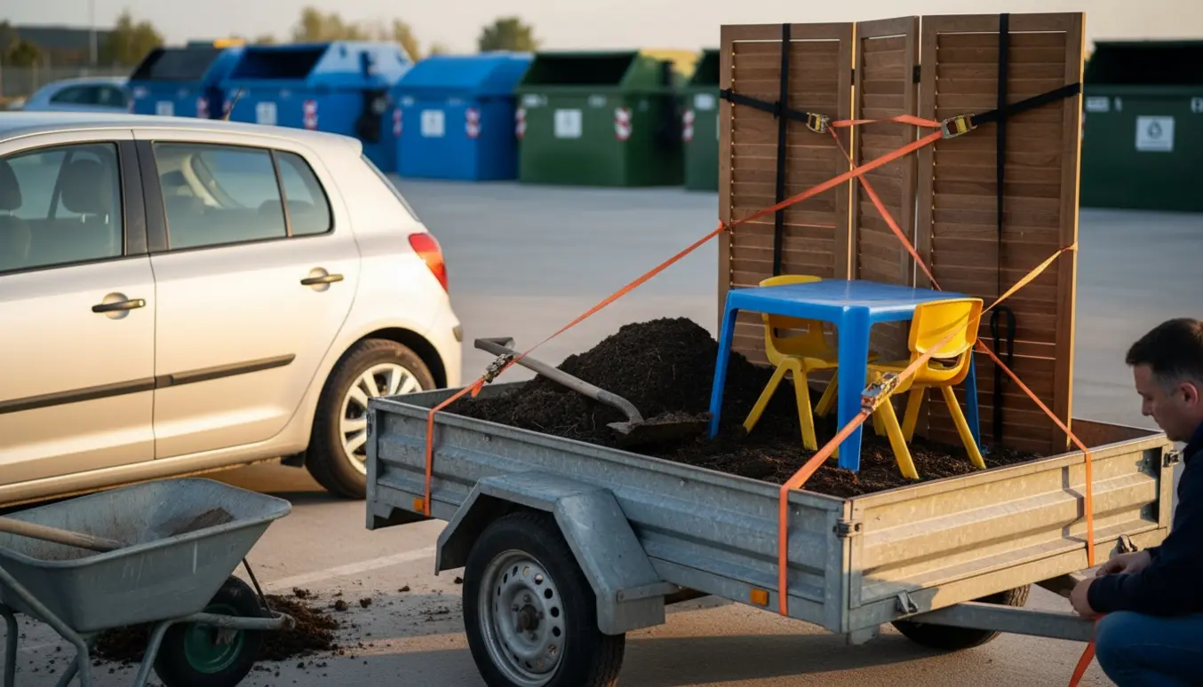 En bil med trailer læsset med jord, et børnebord og -stol og en rumdeler ved en genbrugsstation.