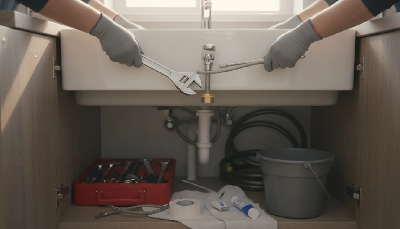 En ny kromvandhane ved køkkenvask under installation med værktøj og hænder uden synlige ansigter.