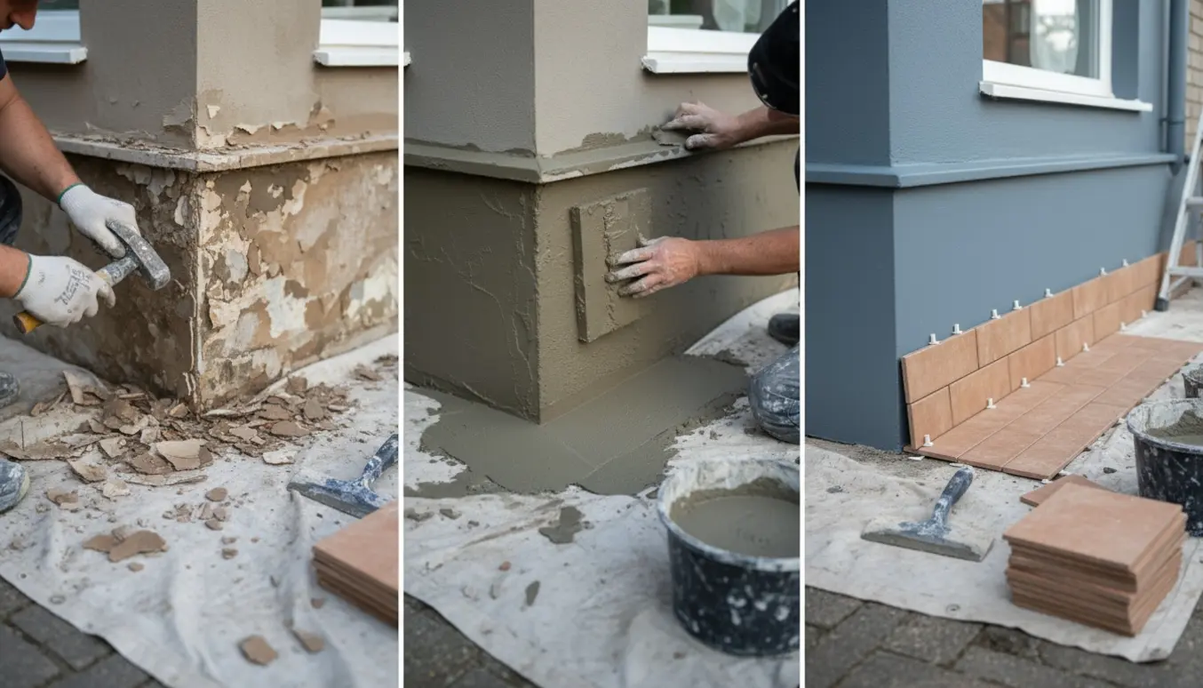 Langs husets sokkel ses gammel puds fjernet, frisk påført sokkelpuds og malet sokkel med fliser klar til at blive lagt tilbage.