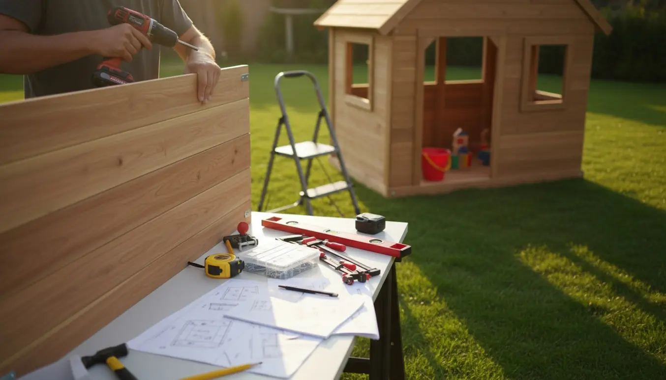 Delvist samlet trælegehus i have med hænder, værktøj og udleverede byggeplaner.