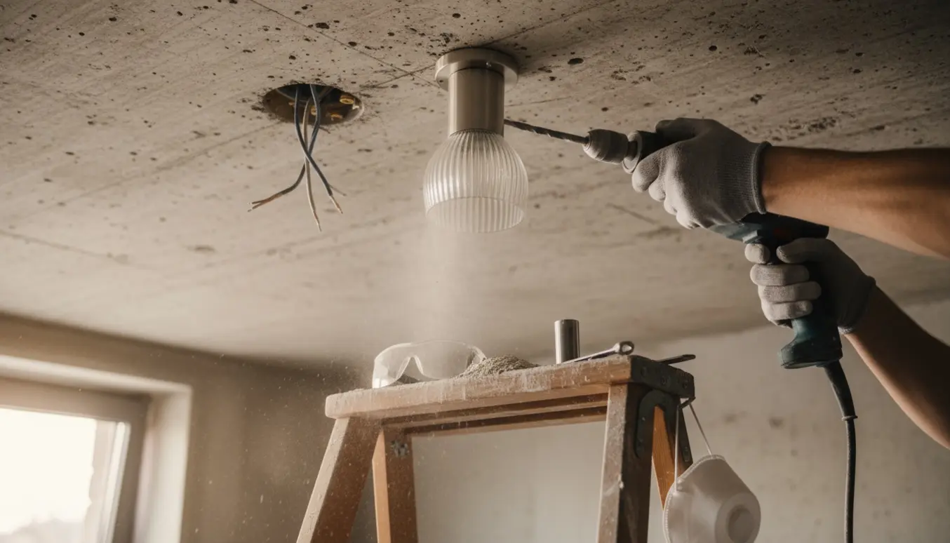 Nærbillede af håndværker i arbejdshandsker, der borer og monterer en loftslampe i et hårdt betonloft.