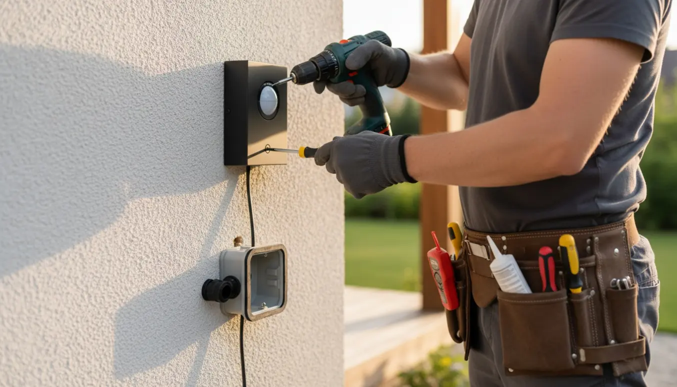 Elektriker monterer udendørs væglampe med sensor og vejrbestandig stikkontakt med korte kabler.