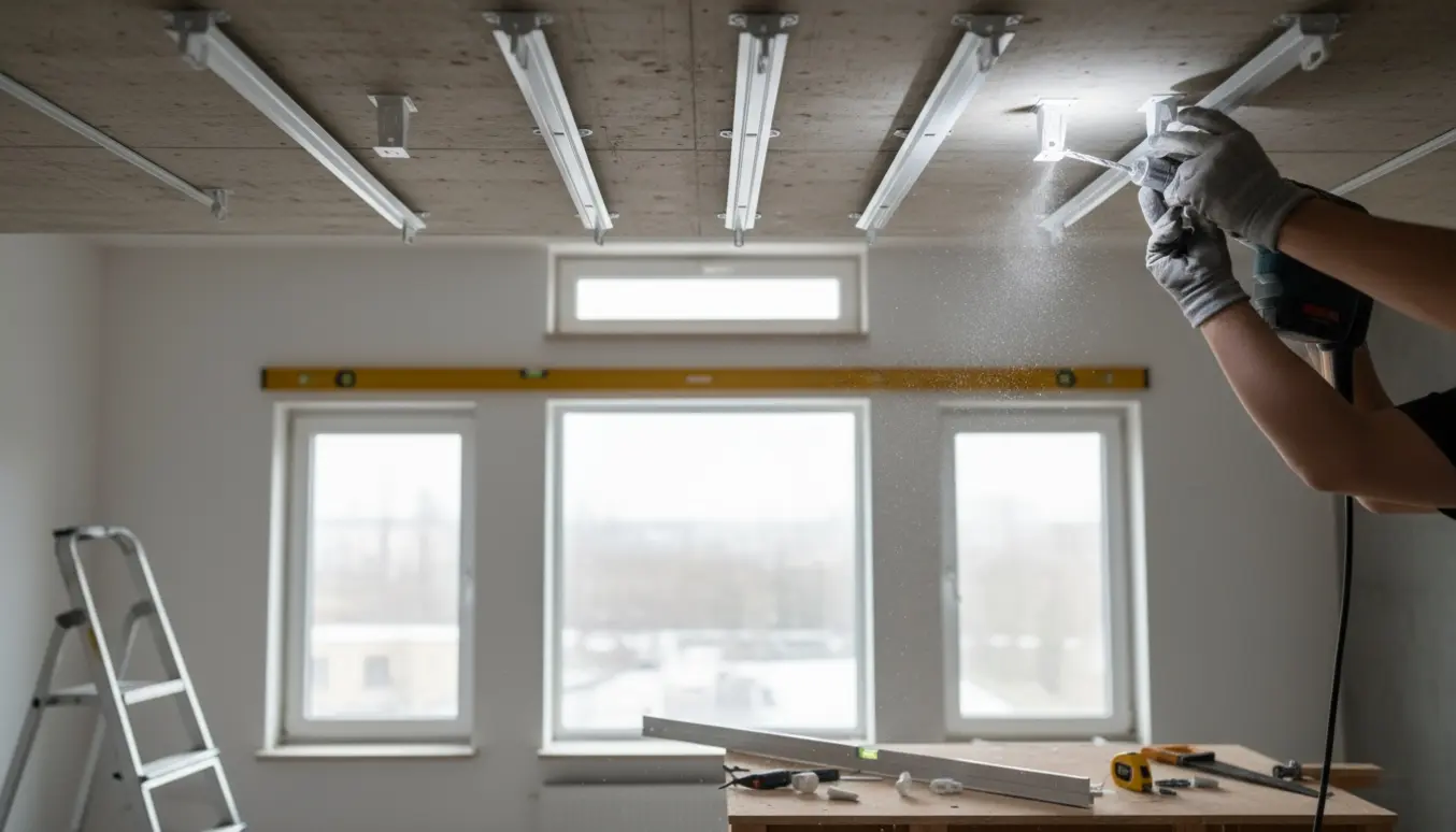 Montering af hvide loftgardinskinner over flere vinduer med boremaskine og værktøj, uden tydelige ansigter.
