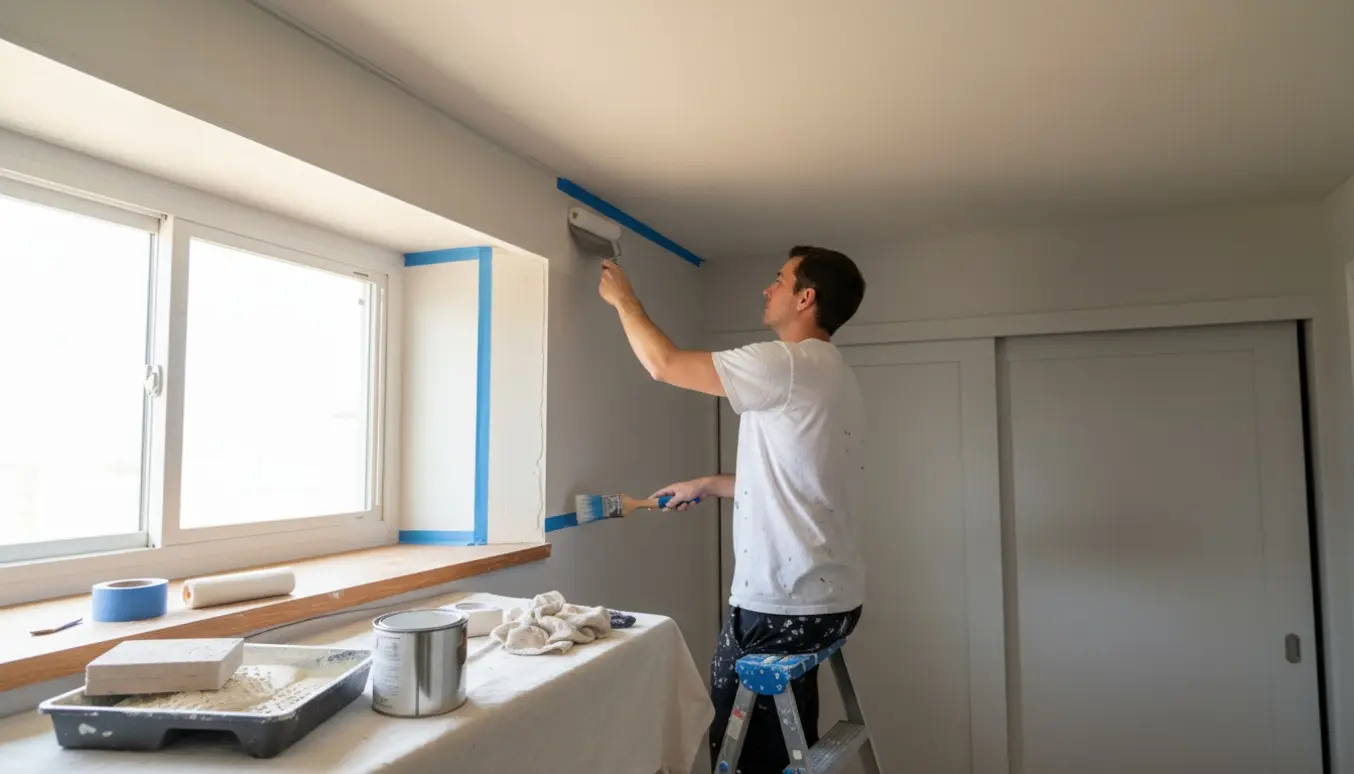 Et hyperrealistisk foto af et lille værelse, hvor hjørnet mellem loft og væg udjævnes med spartel, mens loftet males, og vindueskarmen er slebet let.