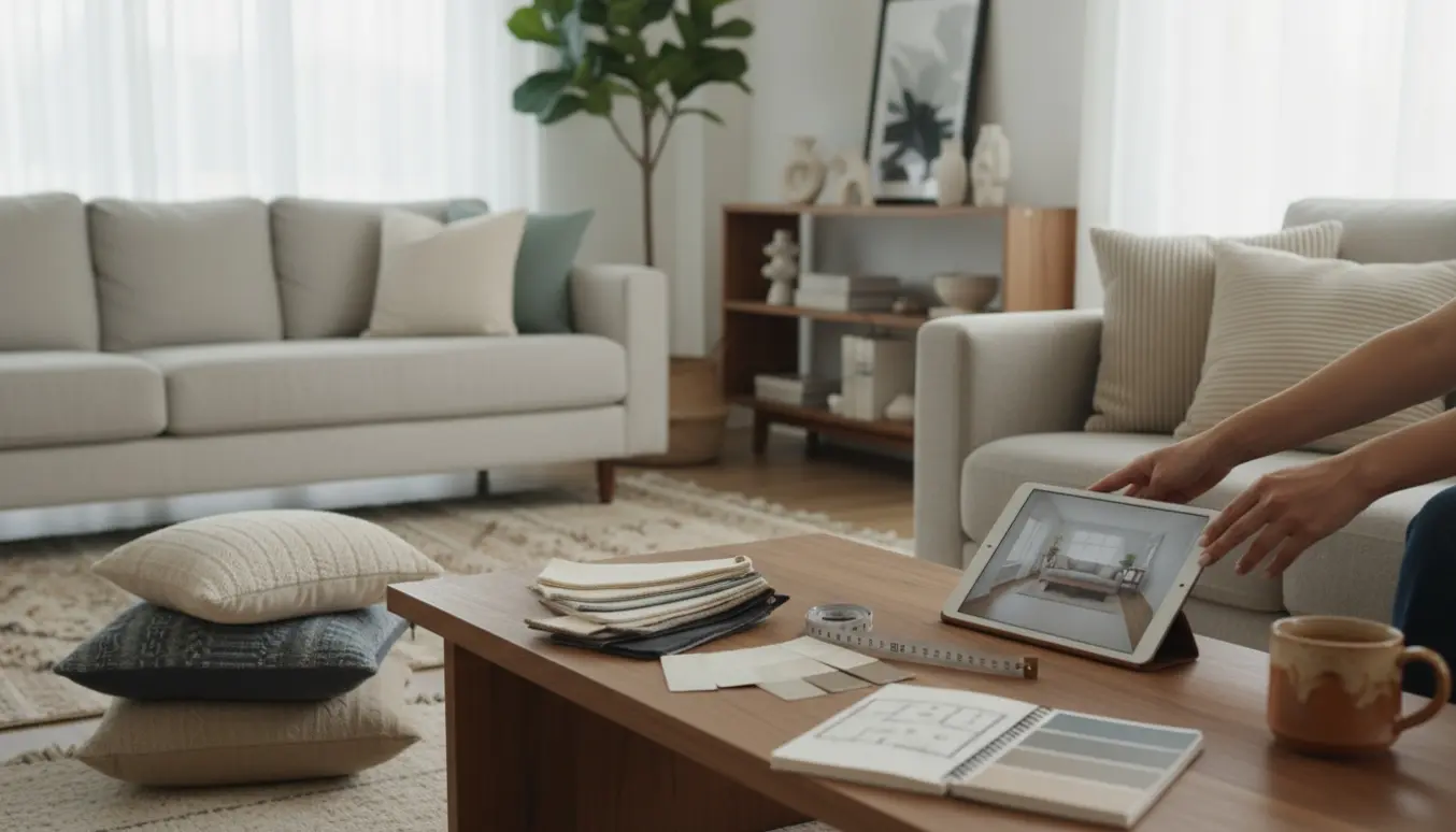 Hyggelig stue med farveprøver, tablet med plantegning og hænder, der arrangerer puder til indretningshjælp.