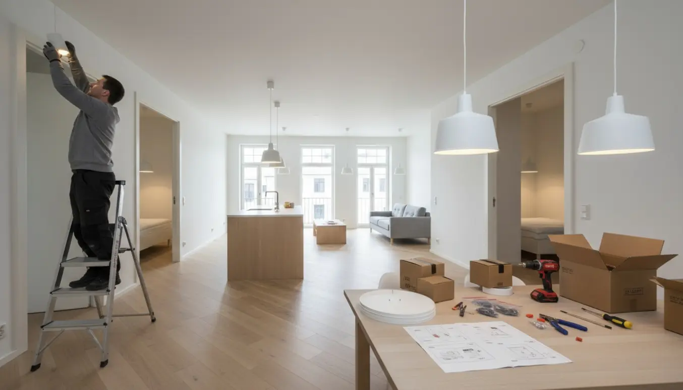 Installation af syv loftslamper i en lys skandinavisk lejlighed med værktøj og kasser samlet.