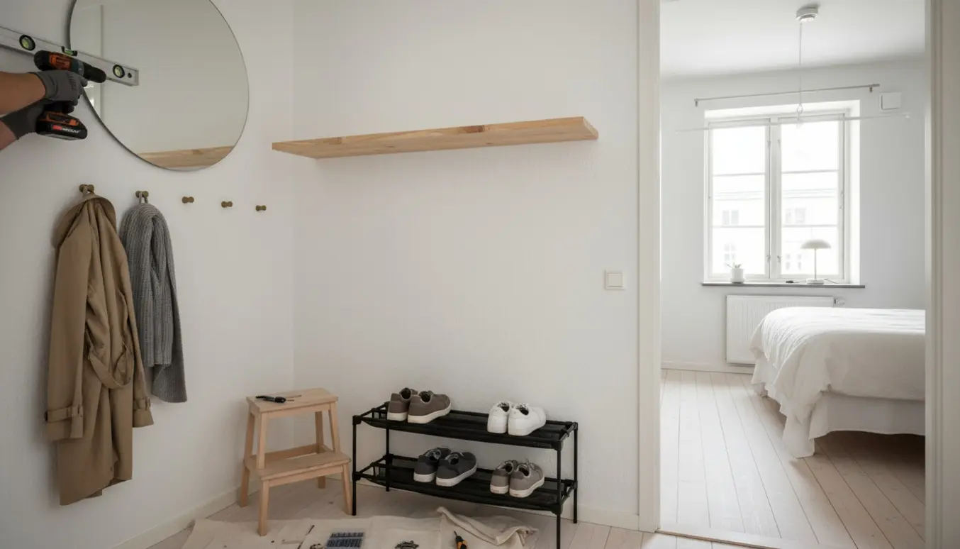 Indgang hvor en person monterer en væghylde over en skohylde, med spejl, knager, synlig røgalarm i loftet og gardinstang i baggrunden.