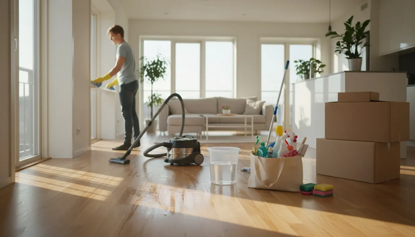 Flytterengøring i en lys lejlighed i Aalborg med støvsuger, moppeudstyr og umarkerede flyttekasser.