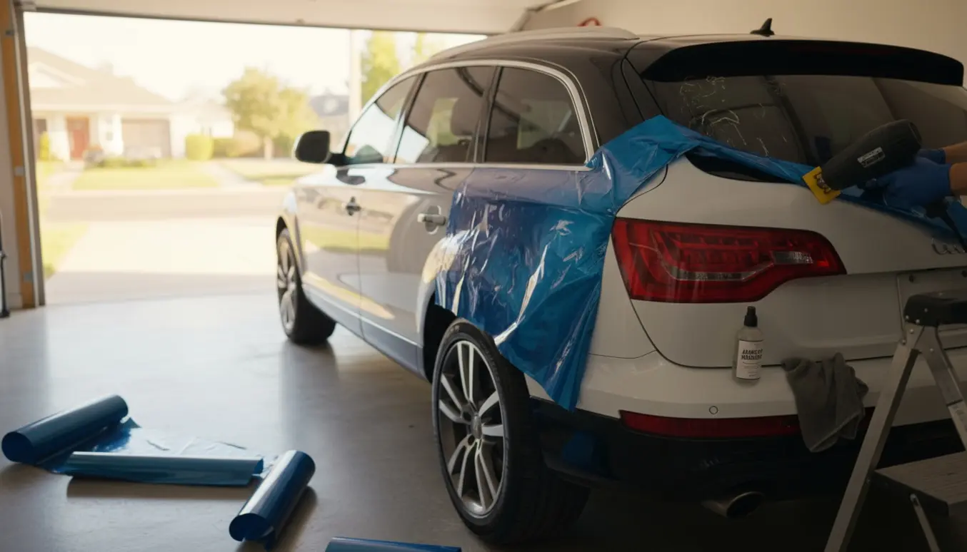 Person fjerner folie fra en 2007 Audi Q7 med varmepistol og skraber i en oplyst garage.