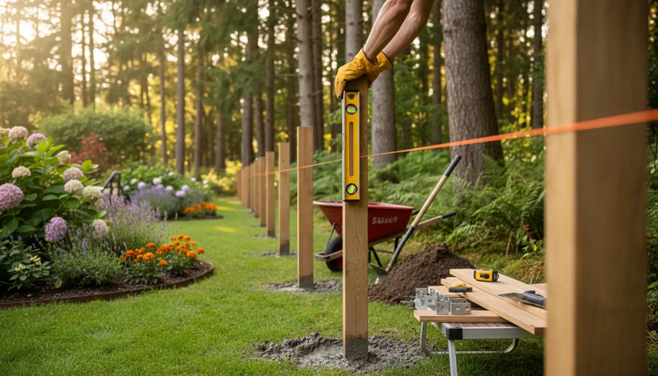 Nyt hegn under opbygning mellem en velplejet have og tæt skov med opsatte stolper og værktøj.