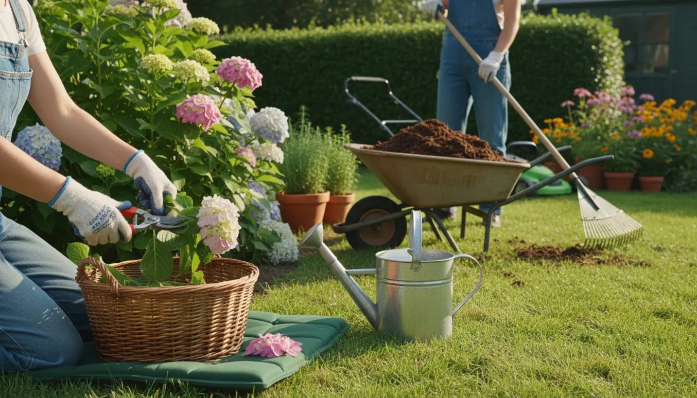 Hænder i handsker beskærer en busk med beskæresakse ved siden af trillebør og samlet grøntaffald i en velplejet have.