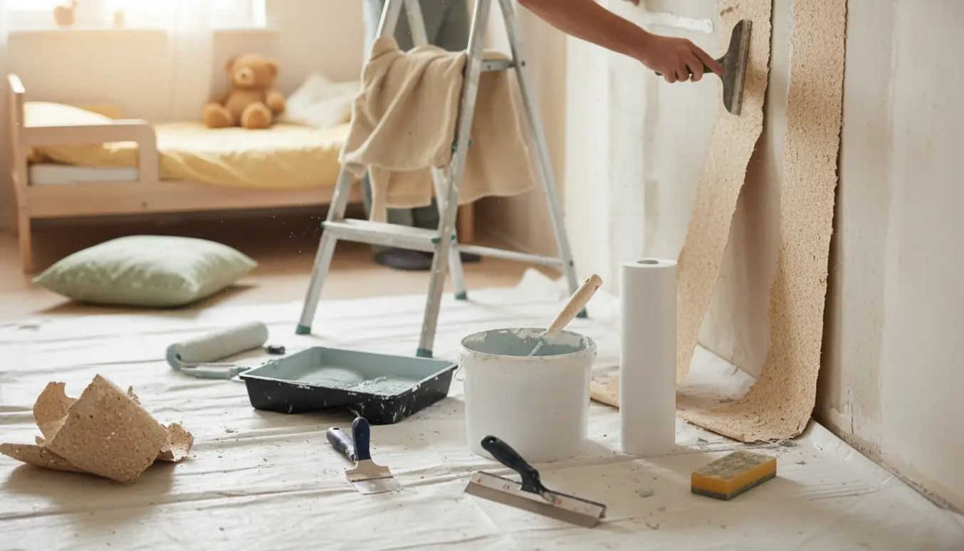 Børneværelse under renovering med savsmuldstapet delvist fjernet, filt og værktøj klar til opsætning.