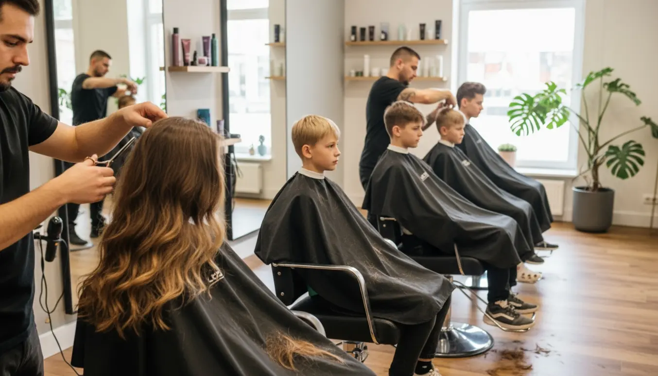 Familie får klipninger i en lys, moderne frisørsalon med frisører, sakse og kamme.