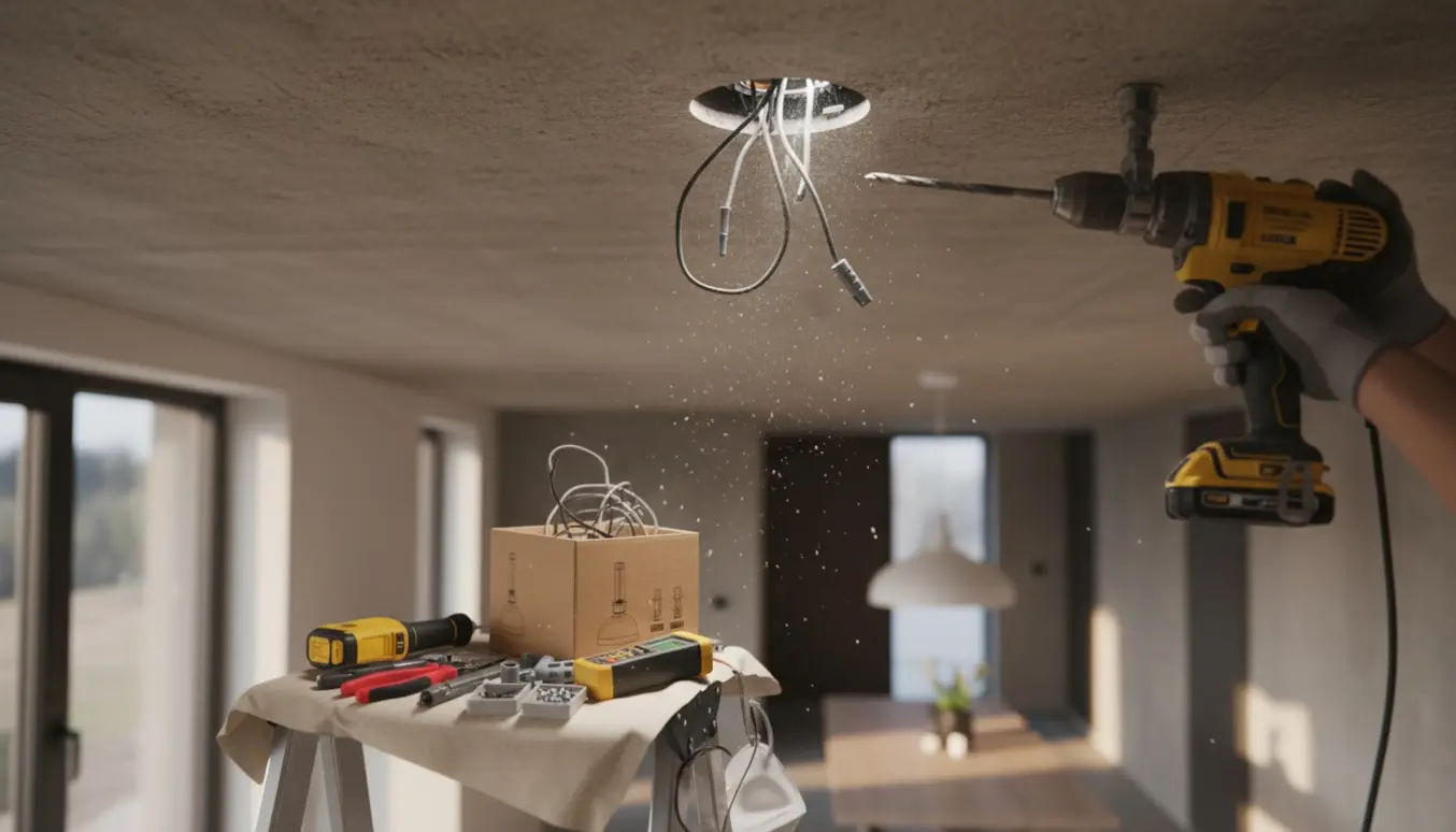 Nærbillede af hænder, der borer hul i betondæk og tilslutter ledninger ved montering af loftlampe.