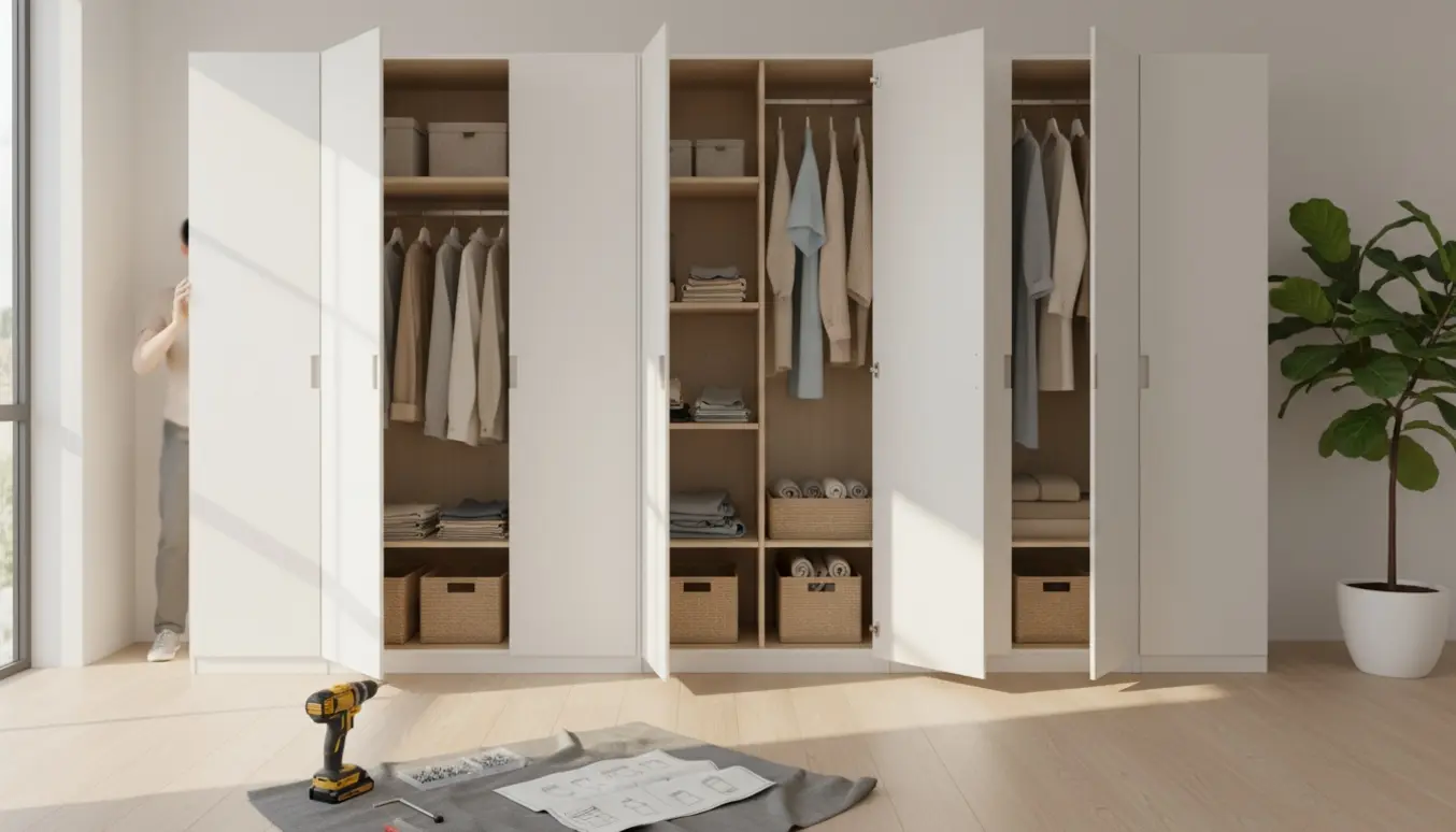 Fem samlede IKEA-garderobeskabe på række i et lyst rum med værktøj og monteringsdele foran.