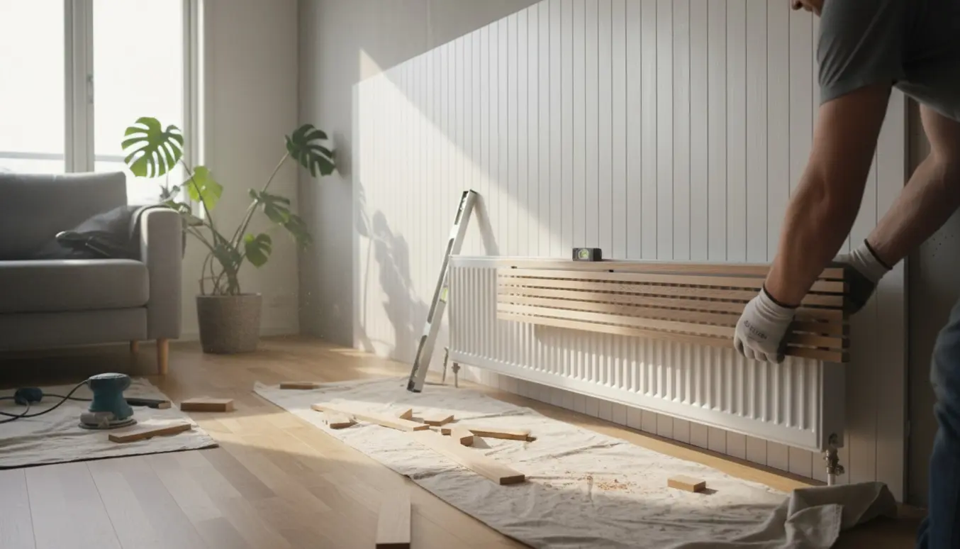 Stue i opbygning med høje vægpaneler og en radiatorskjuler ved montering i lyst, skandinavisk rum.