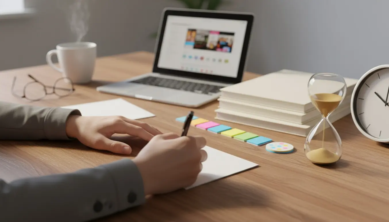 Et arbejdsbord i varmt morgenlys med hænder, der skriver noter, et timeglas og en bærbar computer.