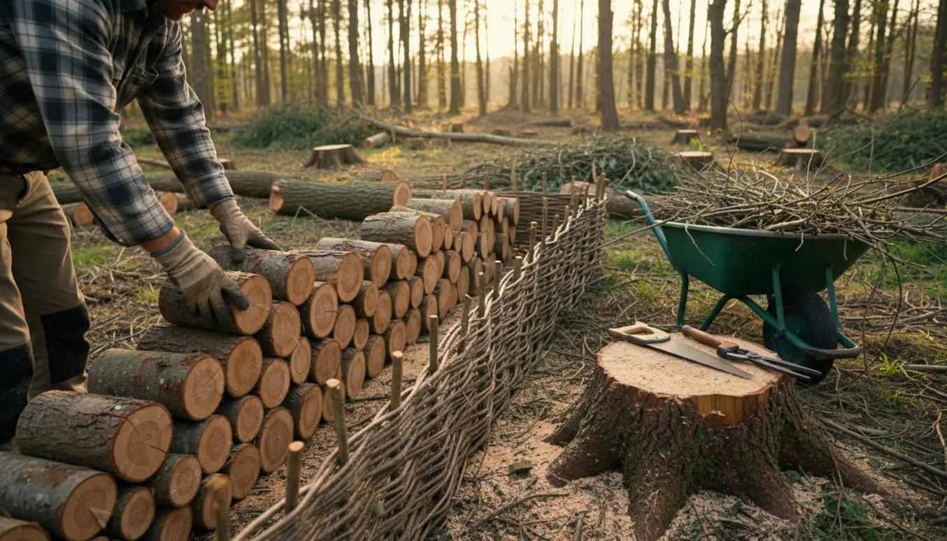 Kvashegn og stabler af brænde i en skovrydning efter træfældning.