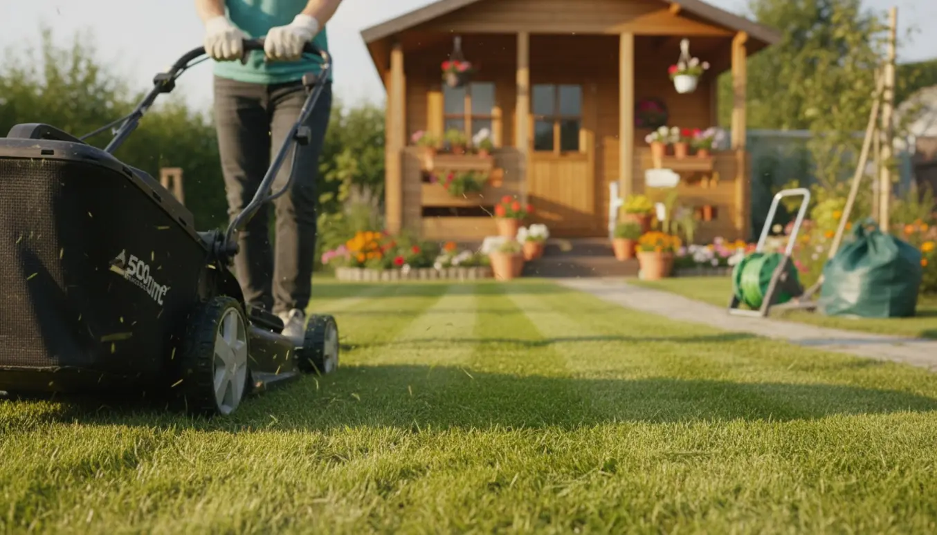 Nyklippet græs foran et sommerhus med en plæneklipper i aktion, hvor personen ikke har synligt ansigt.