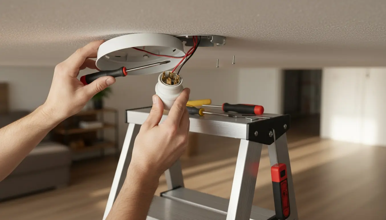 Nærbillede af hænder, der monterer en loftlampe med baldakin, ledninger og værktøj.
