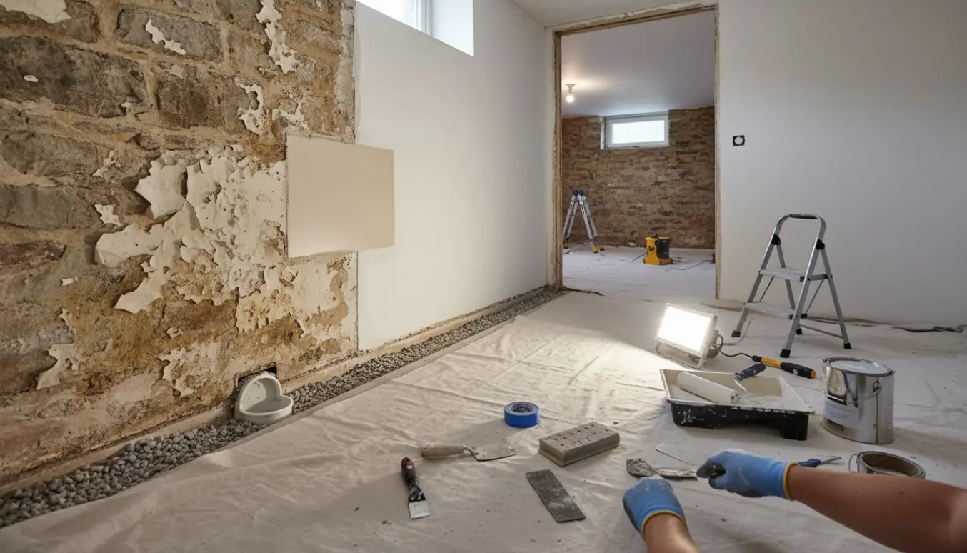 Kælderrum under renovering med afskallet maling, spartelværktøj og nymalet væg.