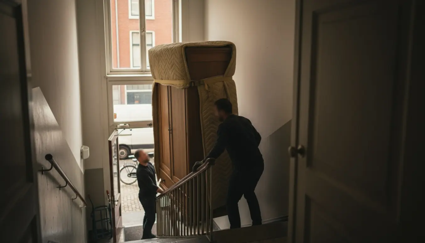 To mænd bærer et stort træskab ned ad en smal trappe, mens en hjælper holder døren åben.