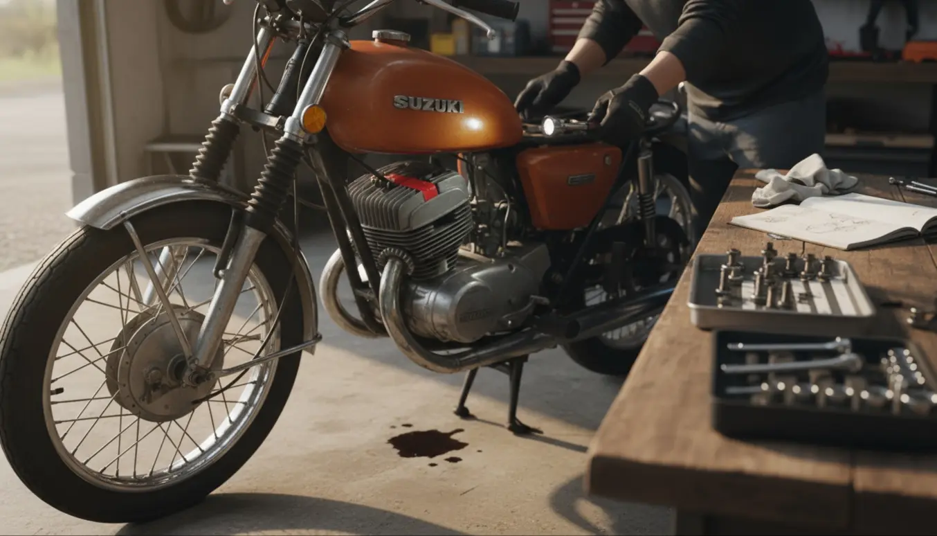 Vintage 1973 Suzuki 450 i en solbelyst garage med værktøj og mekanikerhænder, olieplet under motoren markeret med rødt tape.