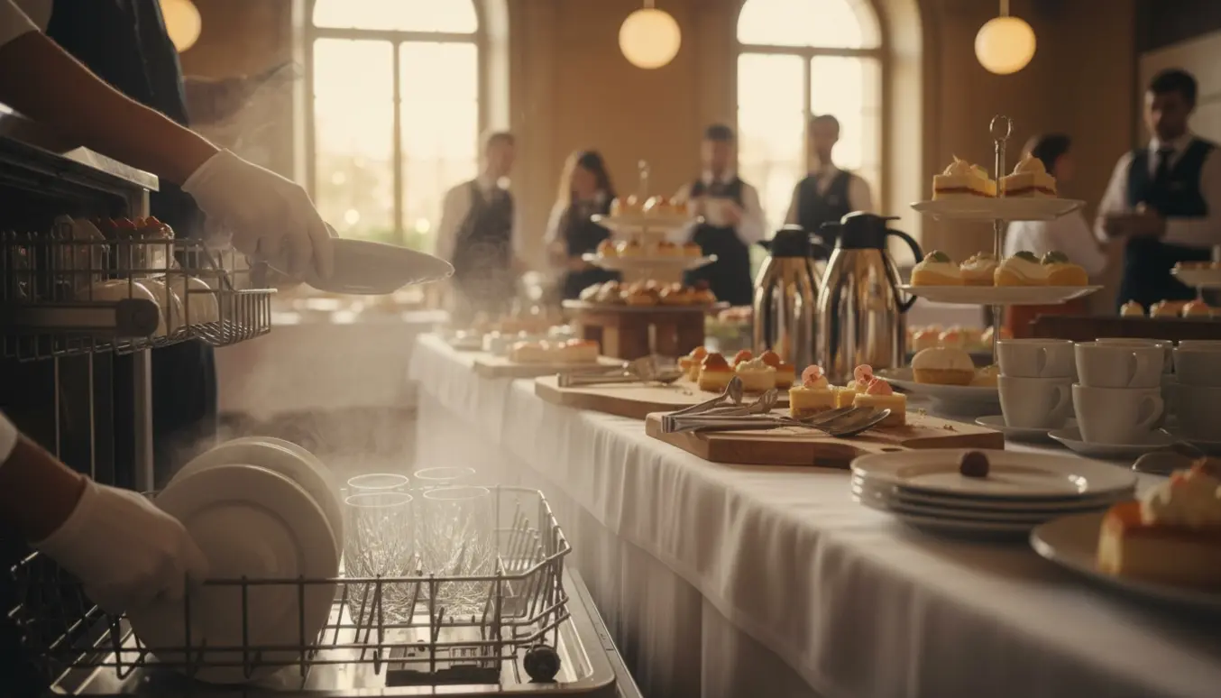 Nærbillede af servering og afrydning af buffet med tallerkner i opvasker, kaffe og desserter på dækket bord.