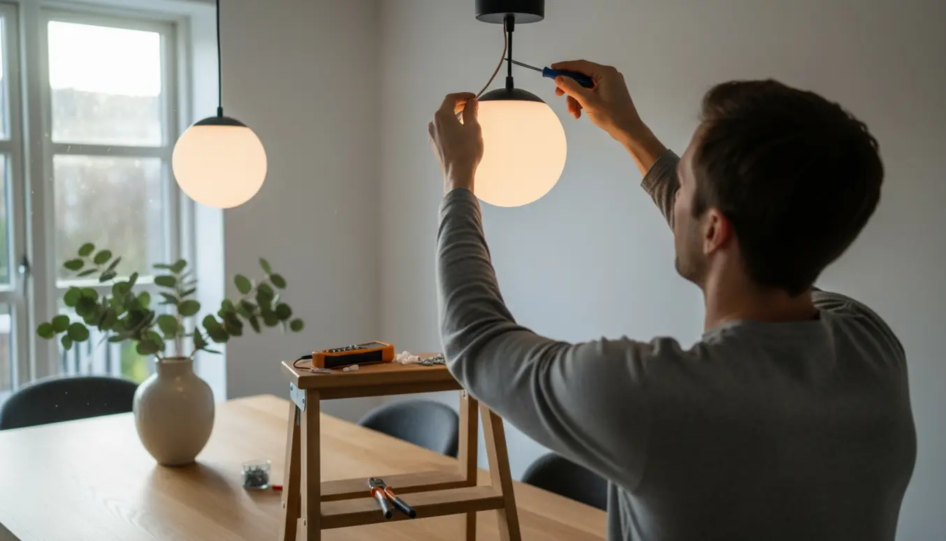 Montage af to opal pendellamper over et spisebord med hænder, der forbinder ledninger i loftudtaget.
